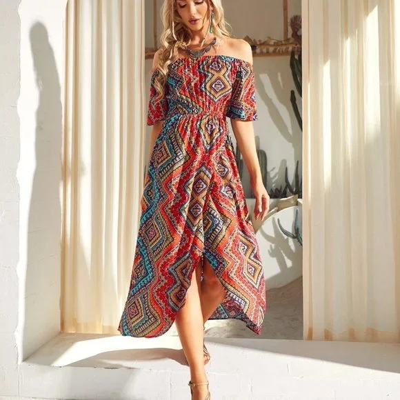 Multicolor Boho Womens Geo Print Off Shoulder Wrap Hem Dress - Picture 4 of 5